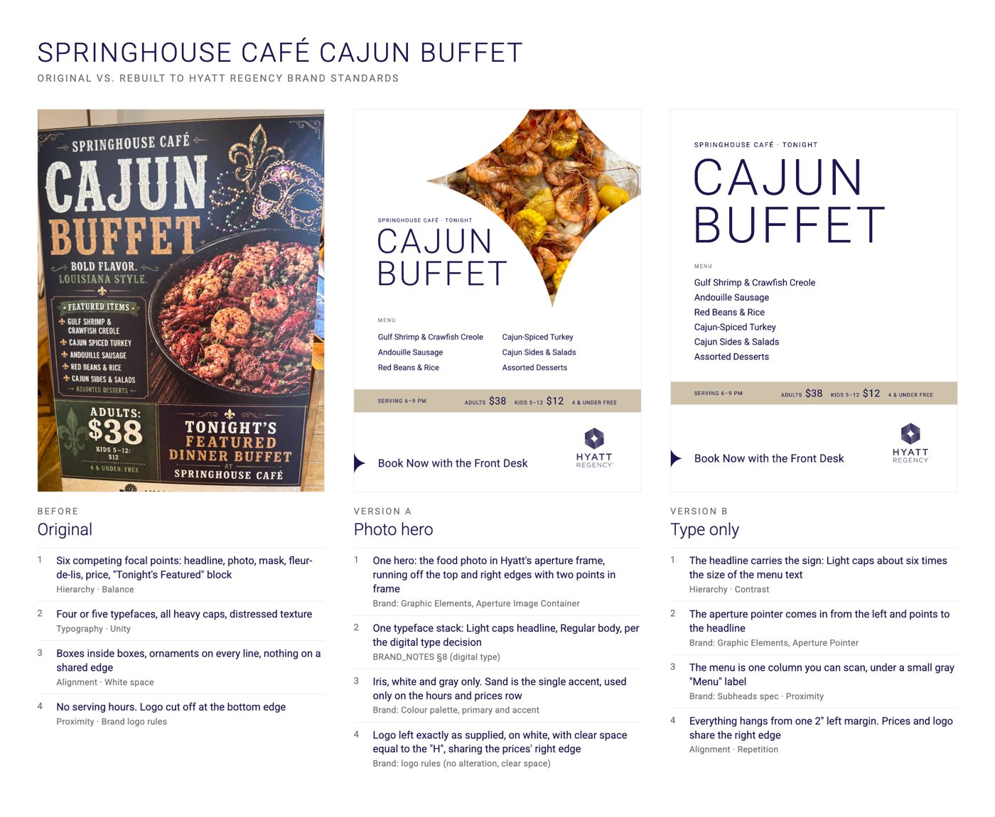 An AI-generated buffet sign next to two versions the agent rebuilt to the brand’s own guidelines